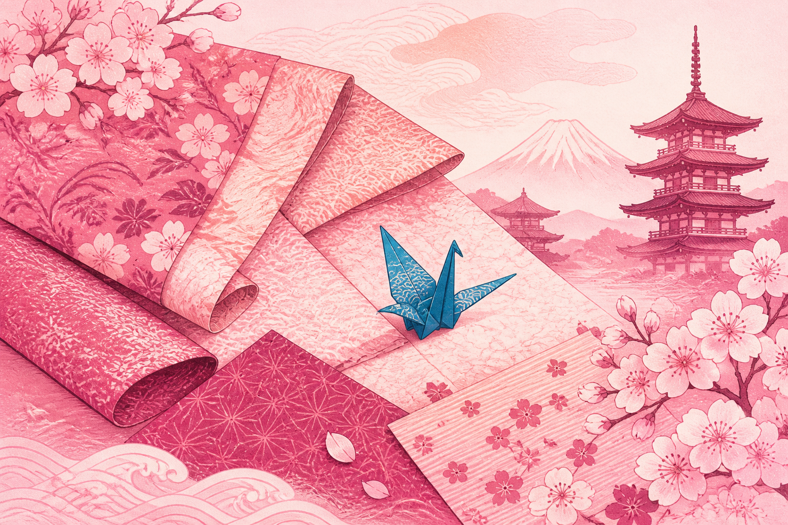 Farbpalette mit traditionellen japanischen Farbmustern auf Washi-Papier und Textilien in verschiedenen Nuancen.