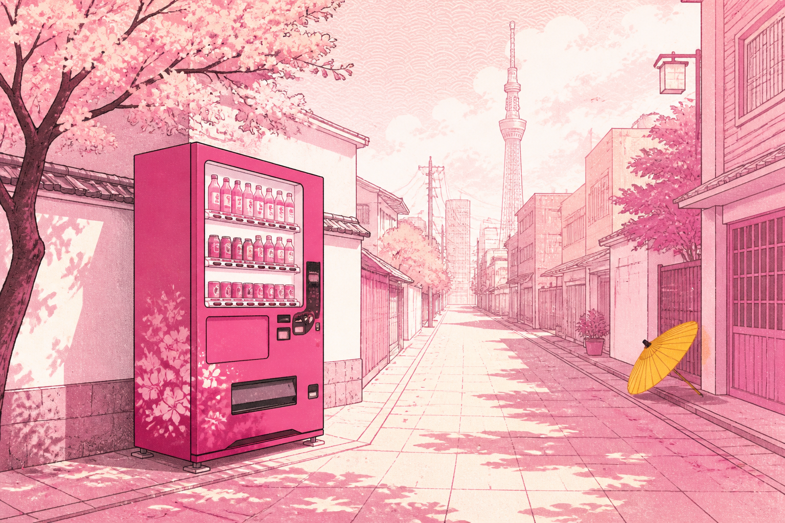 Ein einsamer Getränkeautomat in einer sauberen Tokioter Seitenstraße ohne sichtbare Abfalleimer.